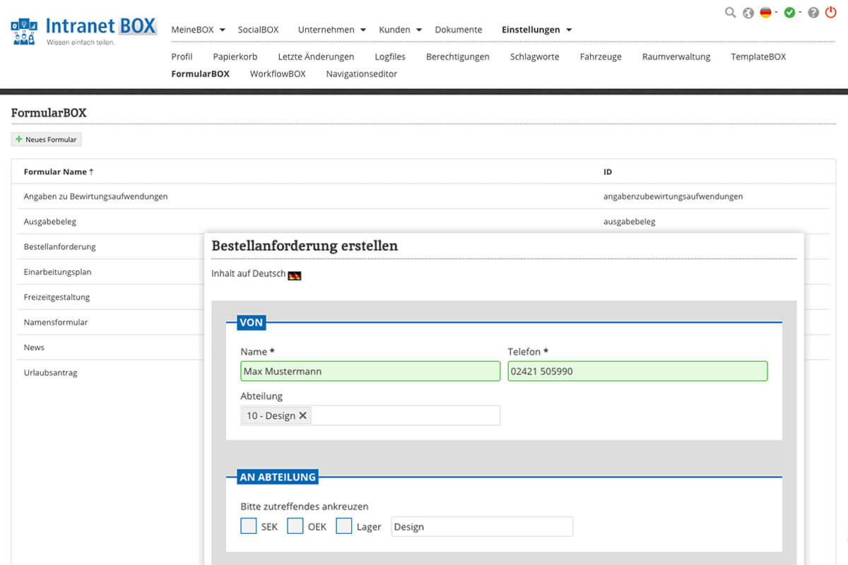 Erweiterungen für die IntranetBOX FormularBOX
