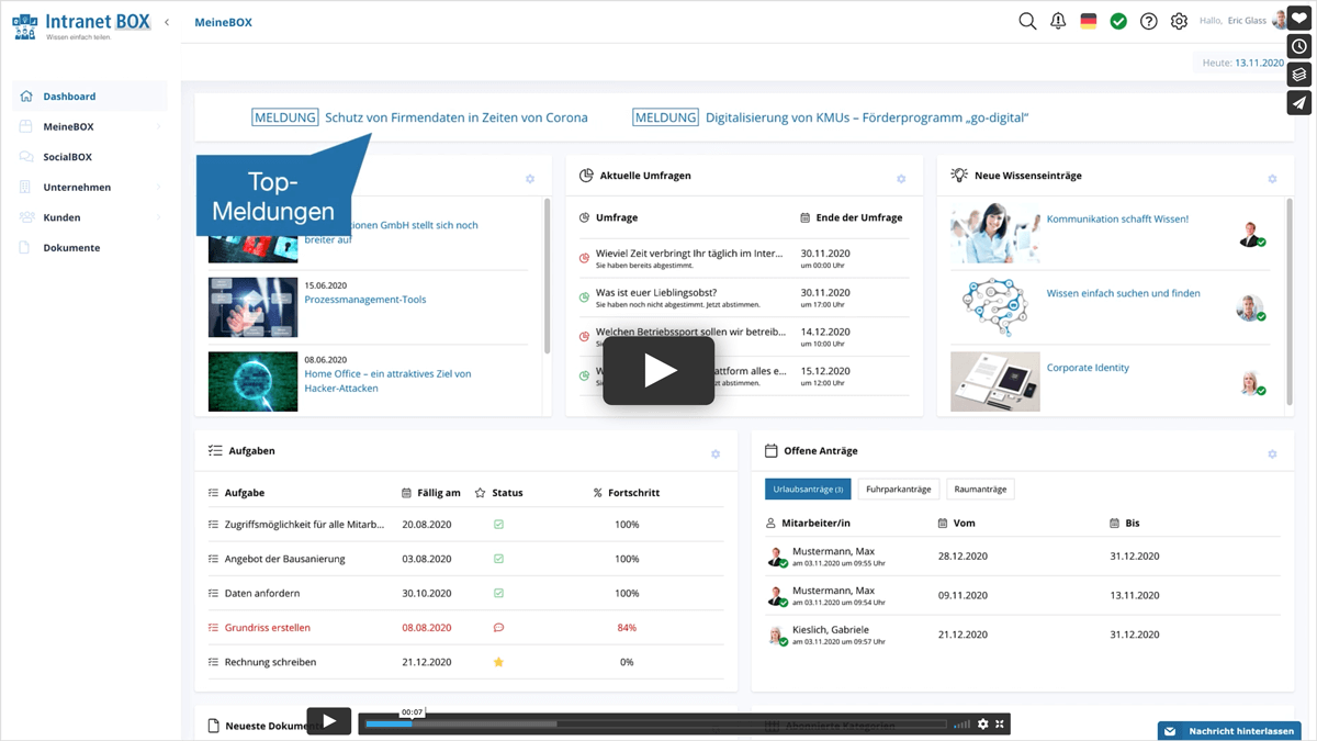 Intranet Software Video Dashboard